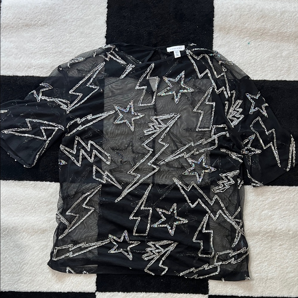 Topshop Black Sheer Sequin Lightning & Star Top